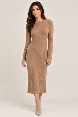 WAYF Dede x Emily Holly Ribbed Knit Midi Dress Long Sleeve